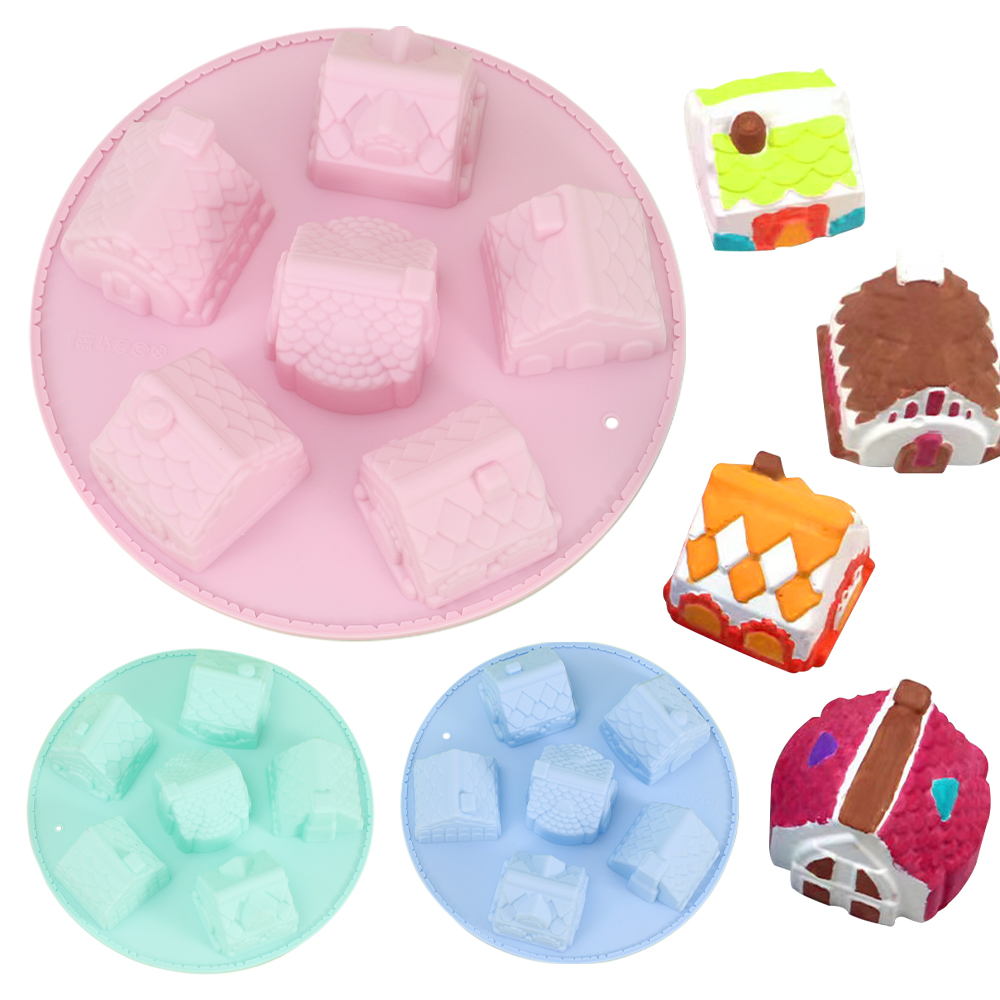Home Fragrance Gingerbread - ジンジャーブレッドハウスシリコンケーキモールド、6キャビティ、ラウンド、焦げ付き防止、3D、青、ケーキパン、クリスマスベーキングツール