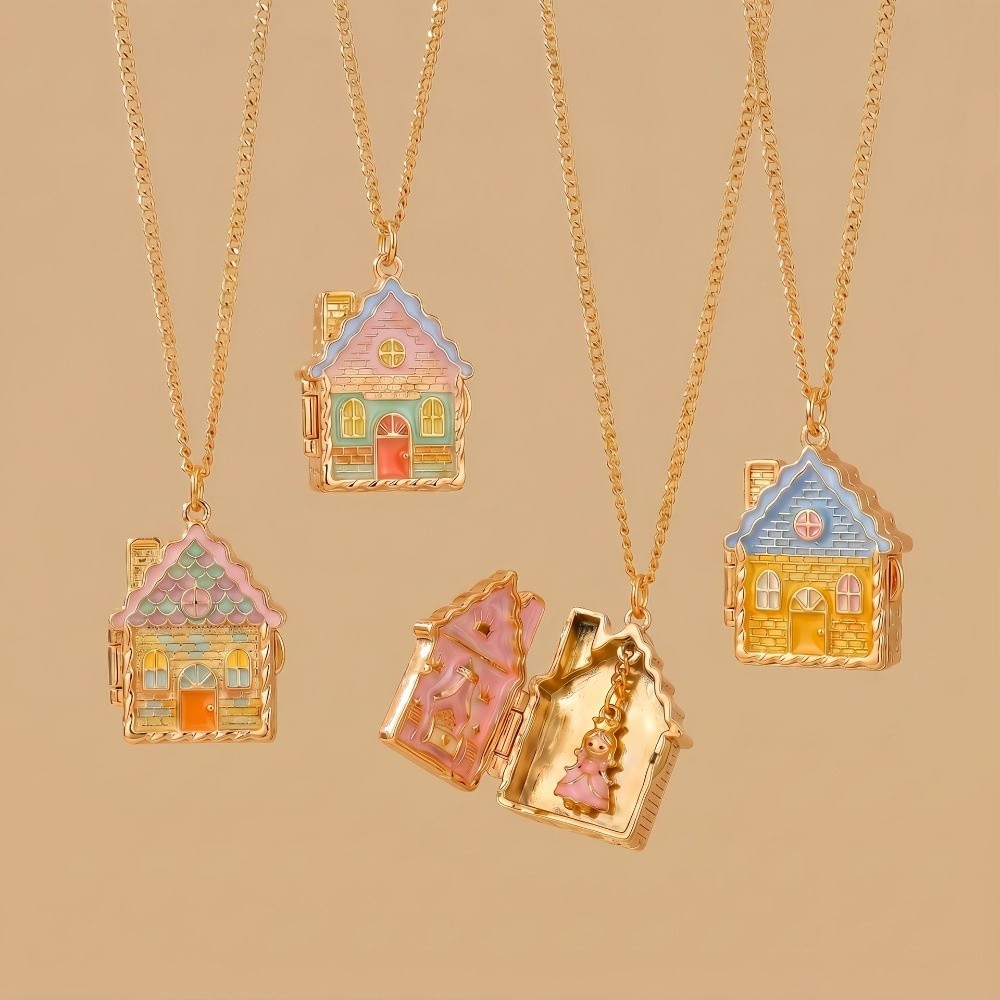 Home Fragrance Gingerbread - カラフルなジンジャーブレッドハウスネックレス開閉式ペンダントエナメルハウス開閉ボックスネックレスおとぎ話ジュエリーギフト